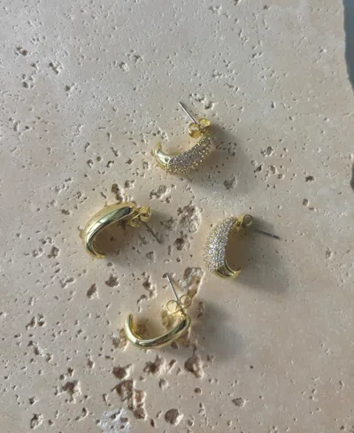 Adornia Gold Plated Crystal And Plain Chunky Hoop Earring Set In Gold