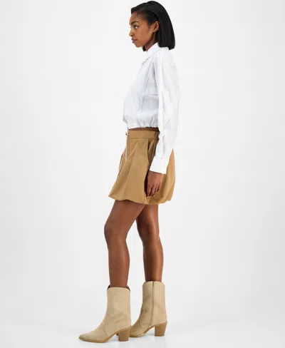 Bar Iii Women's Tie-waist Bubble-hem Mini Skirt, Macy's Exclusive In Brown