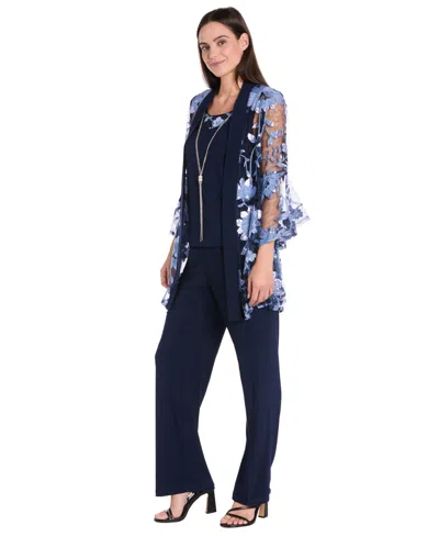 R & M Richards Petite Jacket, Top And Pants 3-piece Set In Blue