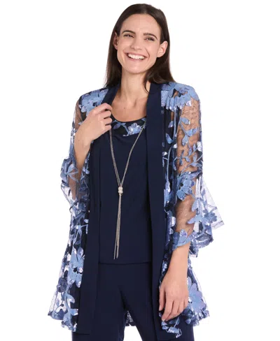 R & M Richards Petite Jacket, Top And Pants 3-piece Set In Blue