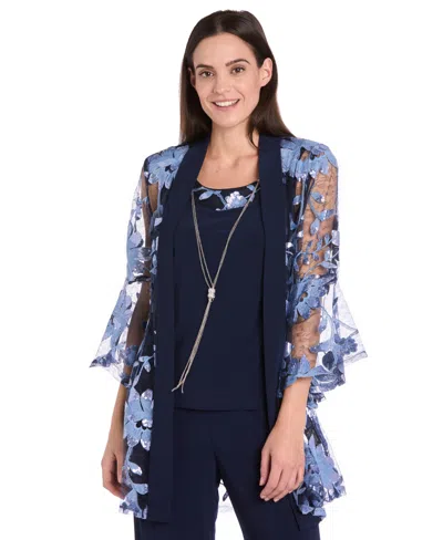 R & M Richards Petite Jacket, Top And Pants 3-piece Set In Blue