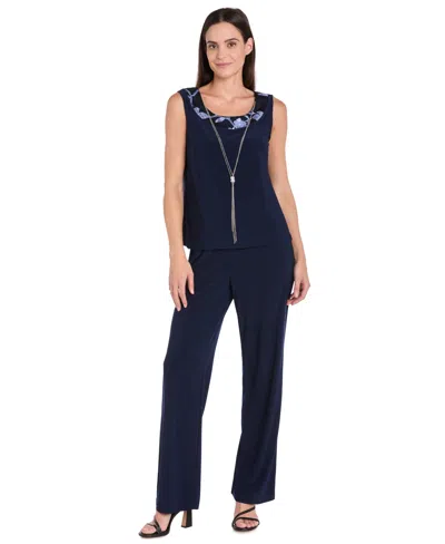 R & M Richards Petite Jacket, Top And Pants 3-piece Set In Blue