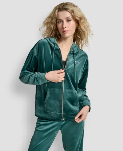 Dkny Rhinestone Velour Zip Hoodie In Green