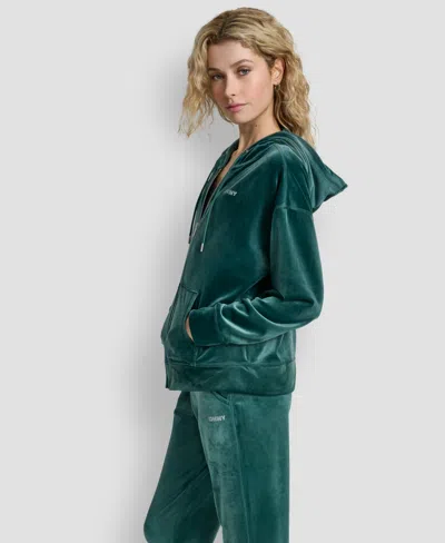 Dkny Rhinestone Velour Zip Hoodie In Green