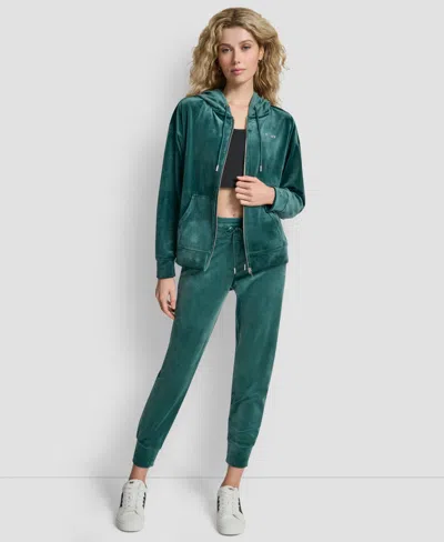 Dkny Rhinestone Velour Zip Hoodie In Green