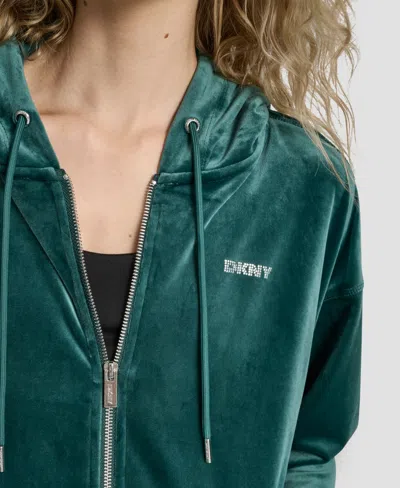 Dkny Rhinestone Velour Zip Hoodie In Green