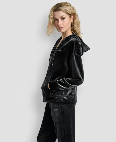 Dkny Women's Platinum Velour Rhinestone Logo Full-zip Hoodie In Black