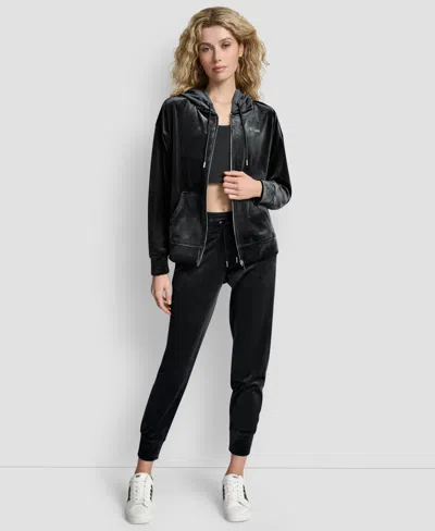 Dkny Women's Platinum Velour Rhinestone Logo Full-zip Hoodie In Black