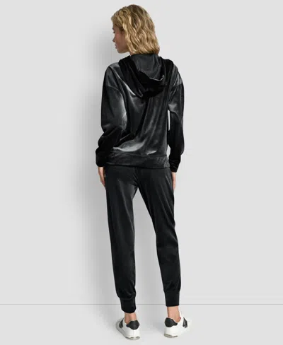 Dkny Women's Platinum Velour Rhinestone Logo Full-zip Hoodie In Black