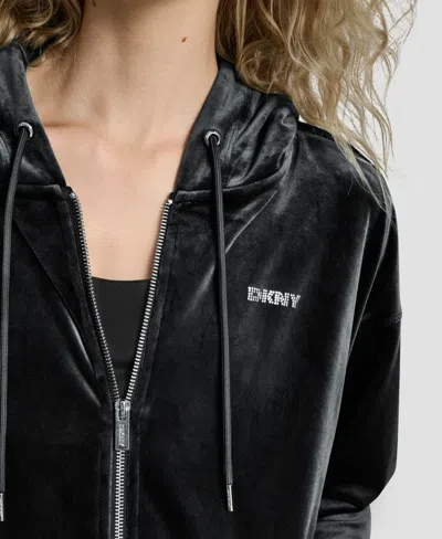 Dkny Women's Platinum Velour Rhinestone Logo Full-zip Hoodie In Black