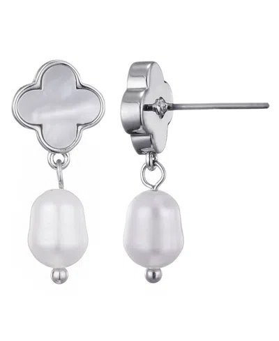 Adornia Silver Plated White Mother Of Pearl Clover And Freshwater Pearl Drop Earrings In White