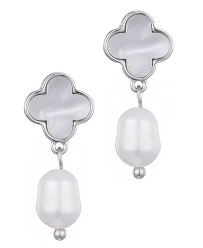 Adornia Silver Plated White Mother Of Pearl Clover And Freshwater Pearl Drop Earrings In White