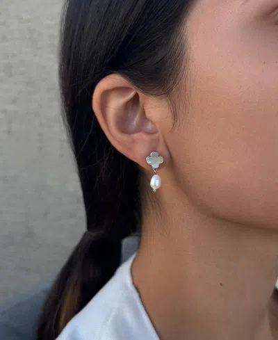 Adornia Silver Plated White Mother Of Pearl Clover And Freshwater Pearl Drop Earrings In White