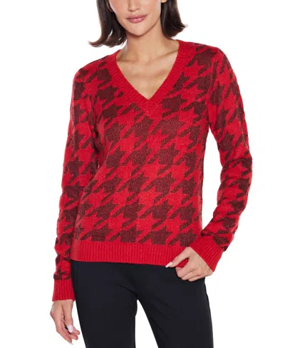 Belldini Women's Stylized-houndstooth V-neck Sweater In Red