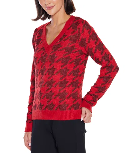 Belldini Women's Stylized-houndstooth V-neck Sweater In Red