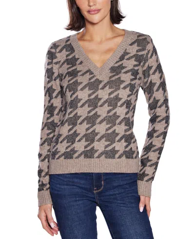 Belldini Women's Stylized-houndstooth V-neck Sweater In Brown