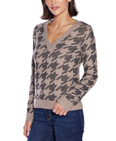 Belldini Women's Stylized-houndstooth V-neck Sweater In Brown