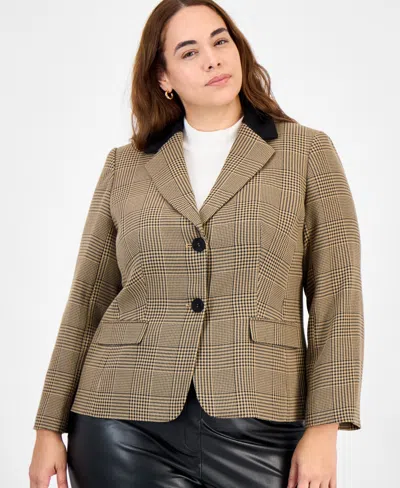 Kasper Plus Size Plaid Elbow-patch Two-button Jacket In Pattern