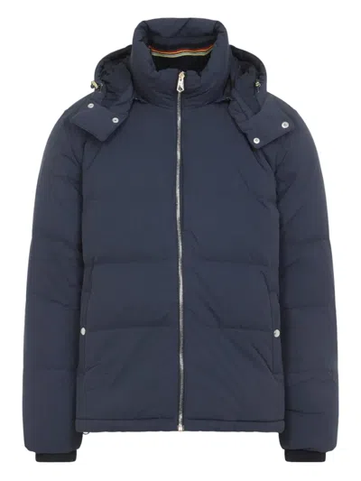 Paul Smith Padded Brown Polyamide Jacket With Detachable Hood And Ribbed Cuffs In Blue