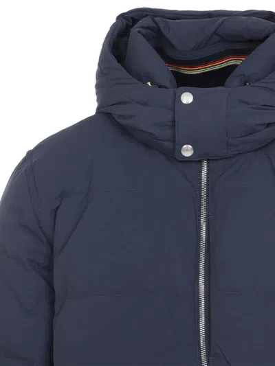 Paul Smith Padded Brown Polyamide Jacket With Detachable Hood And Ribbed Cuffs In Blue