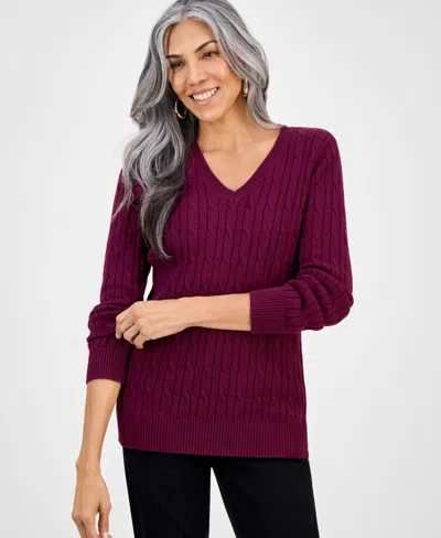 Style & Co Petite Textured Stitch V-neck Sweater, Macy's Exclusive In Burgundy