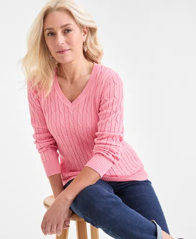 Style & Co Women's Cotton Cable-knit V-neck Sweater, Created For Macy's In Pink