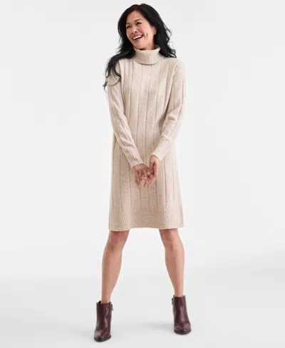 Style & Co Women's Ribbed Turtleneck Sweater Dress, Macy's Exclusive In Neutral