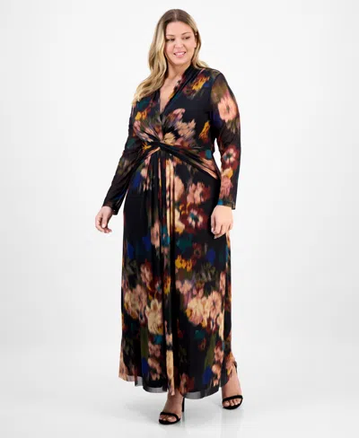 Anne Klein Plus Size Long-sleeve Twist-front Mesh Maxi Dress In Multi
