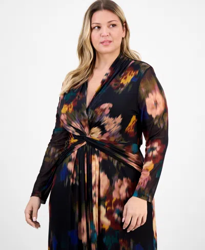 Anne Klein Plus Size Long-sleeve Twist-front Mesh Maxi Dress In Multi