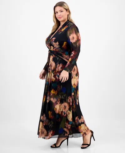 Anne Klein Plus Size Long-sleeve Twist-front Mesh Maxi Dress In Multi