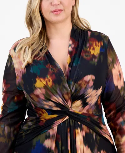 Anne Klein Plus Size Long-sleeve Twist-front Mesh Maxi Dress In Multi