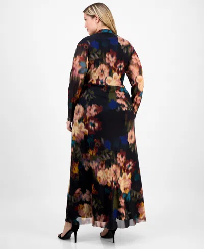 Anne Klein Plus Size Long-sleeve Twist-front Mesh Maxi Dress In Multi