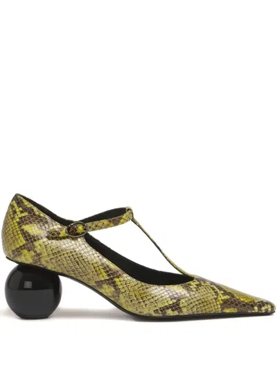 Marni Orb T-strap Pointed Toe Snakeskin Embossed Leather Pump In Green