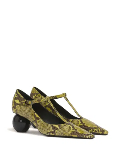 Marni Orb T-strap Pointed Toe Snakeskin Embossed Leather Pump In Green