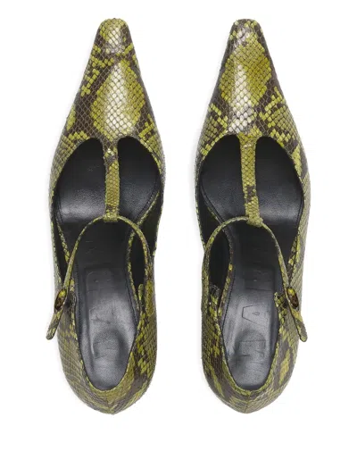 Marni Orb T-strap Pointed Toe Snakeskin Embossed Leather Pump In Green