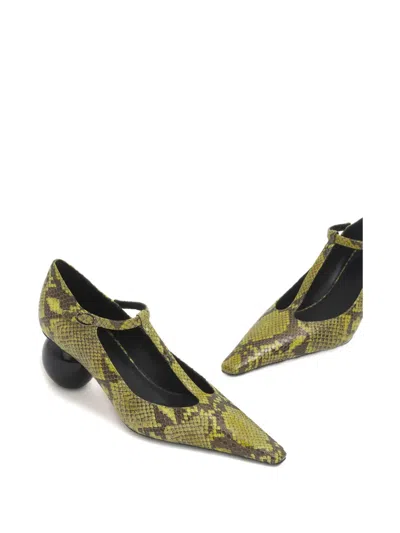 Marni Orb T-strap Pointed Toe Snakeskin Embossed Leather Pump In Green