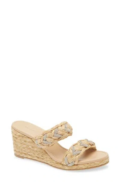 Stuart Weitzman Lana Raffia Crystal Wedge Slide Sandals In Brown