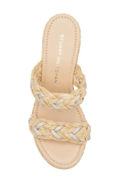 Stuart Weitzman Lana Raffia Crystal Wedge Slide Sandals In Brown
