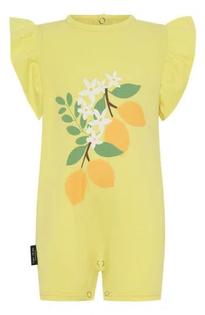 Tiny Tribe Lemon Flutter Sleeve Cotton Graphic Romper In Yellow