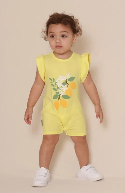 Tiny Tribe Lemon Flutter Sleeve Cotton Graphic Romper In Yellow