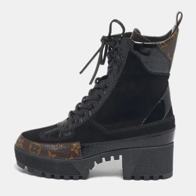 Pre-owned Louis Vuitton Two Tone Monogram Canvas And Leather Laureate Ankle Length Boots Size 36.5 In Brown