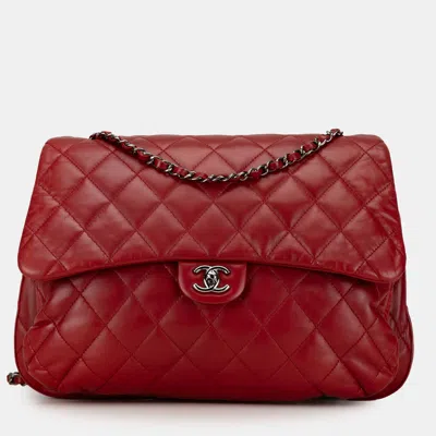 Pre-owned Chanel Red Maxi Lambskin 3 Accordion Flap