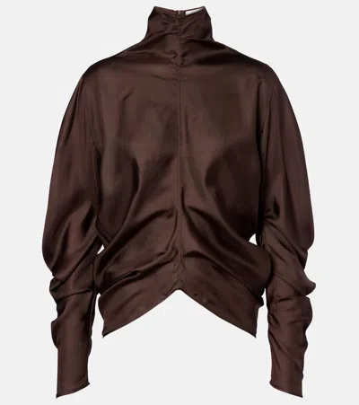 The Row Draped Long Sleeve High Neck Blouse In Brown
