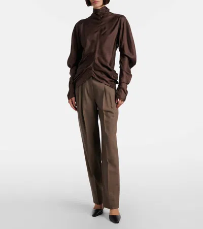 The Row Draped Long Sleeve High Neck Blouse In Brown