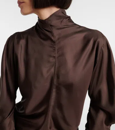 The Row Draped Long Sleeve High Neck Blouse In Brown