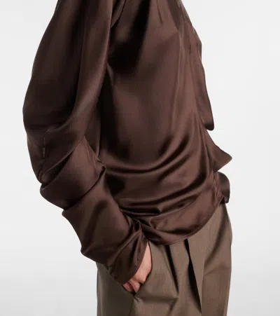 The Row Draped Long Sleeve High Neck Blouse In Brown