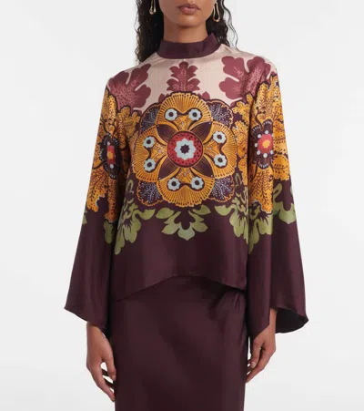 La Doublej La Double J Make An Exit Printed Silk Top In Brown