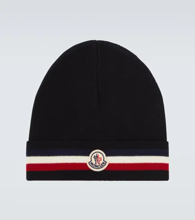 Moncler Tricolor Stripe Ribbed Wool Beanie In Black