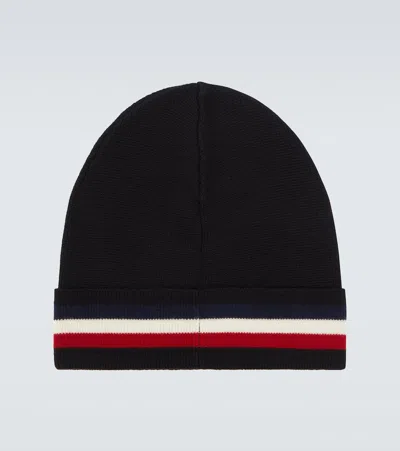 Moncler Tricolor Stripe Ribbed Wool Beanie In Black