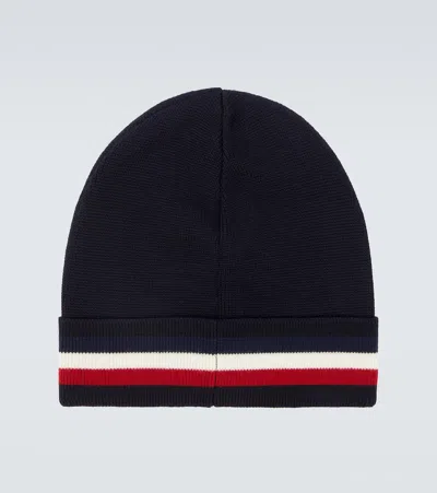 Moncler Tricolor Stripe Ribbed Wool Beanie In Blue